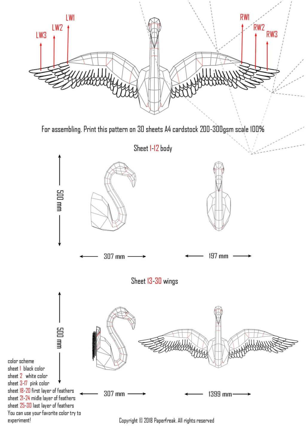Papercraft de flamant rose mural avec des ailes en origami