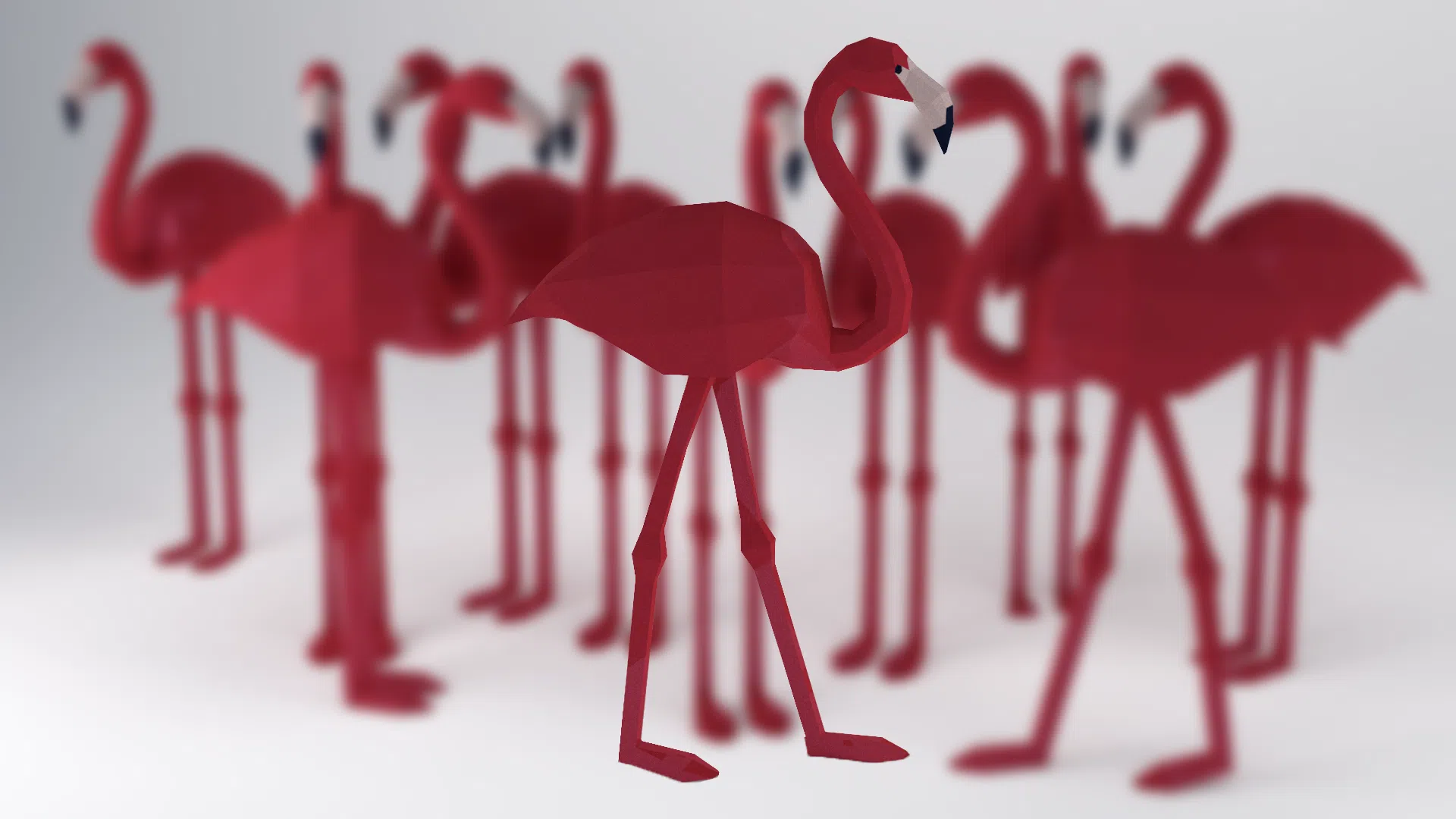 Papercraft dúo de flamencos rosas de pie en origami 3D, vista lateral