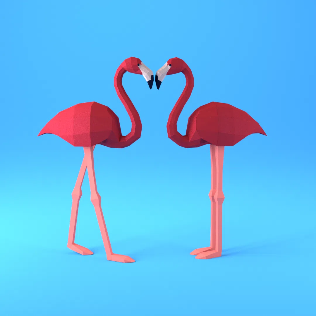Papercraft dúo de flamencos rosas de pie en origami 3D, vista 2