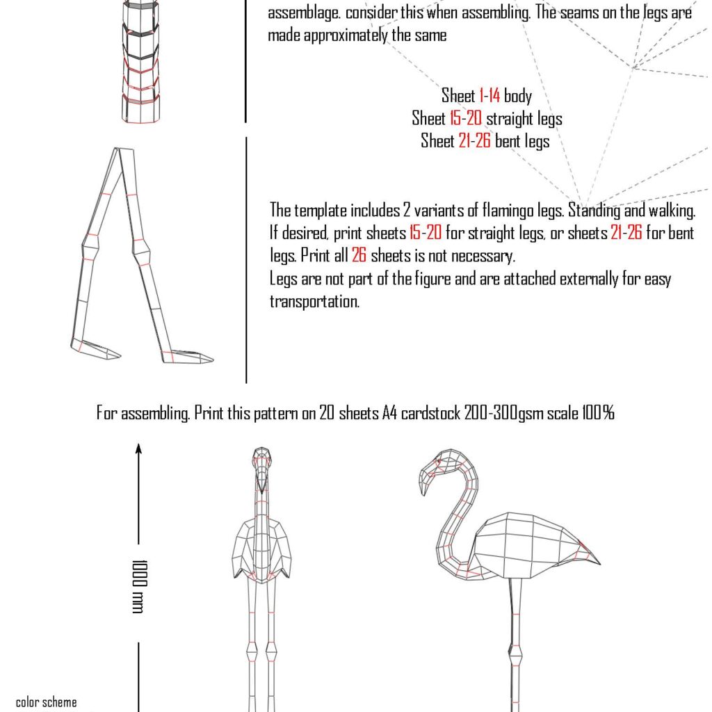Papercraft duo de flamants rose debout en origami 3D