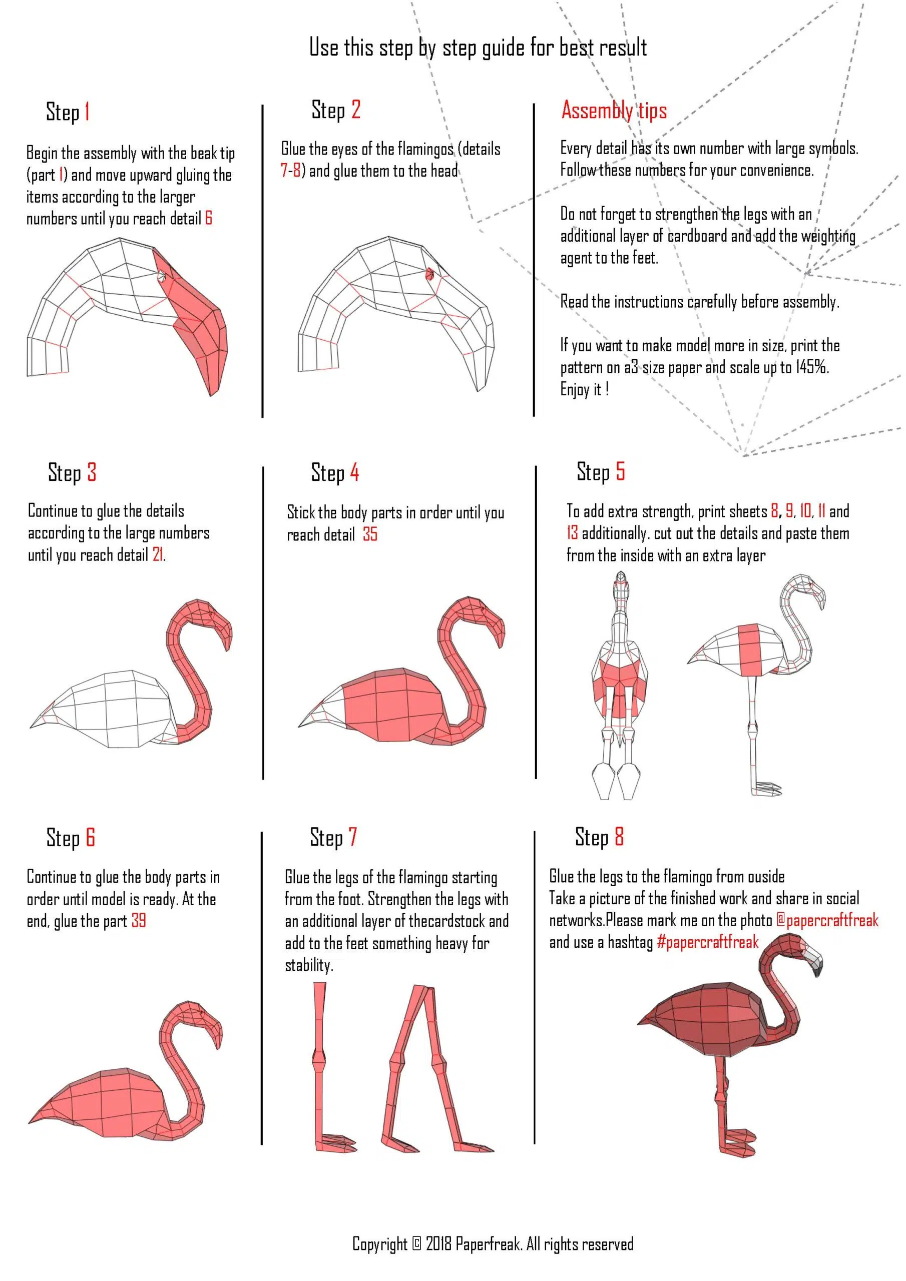 Papercraft dúo de flamencos rosas de pie en origami 3D, vista lateral