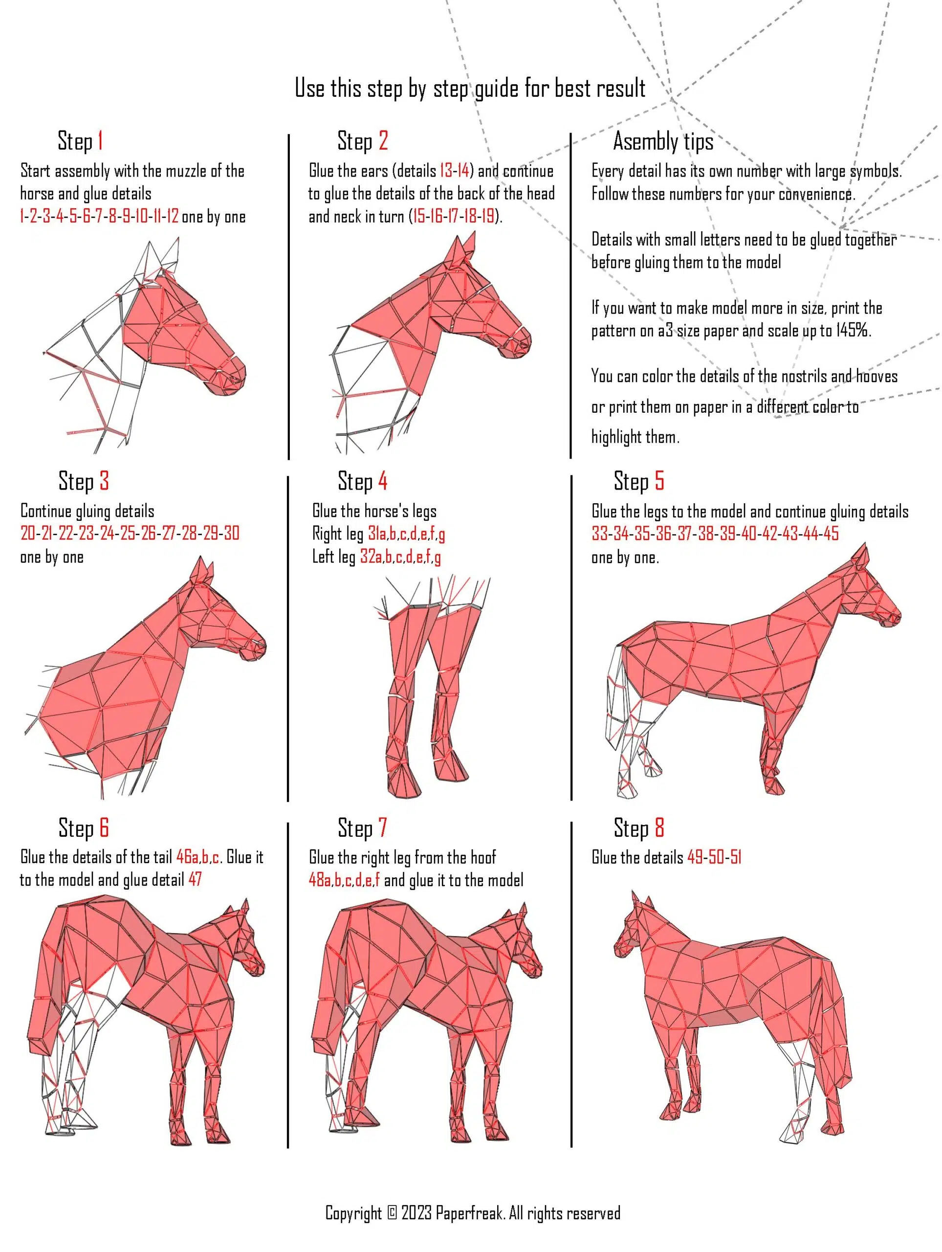 Papercraft stehendes Pferd im 3D-Origami, Rückansicht, Ansicht 2