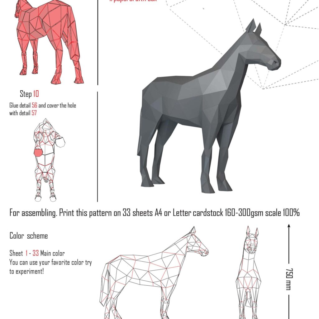 Papercraft caballo de pie en origami 3D