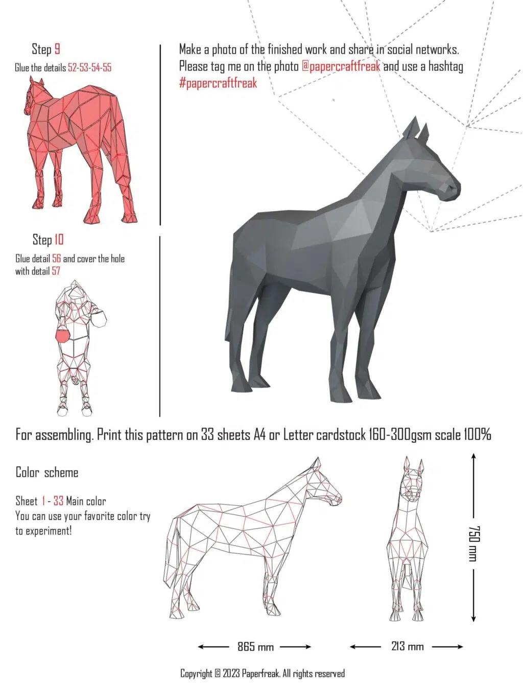 Papercraft standing horse in 3D origami