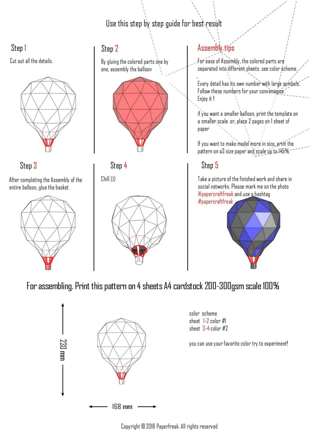 Papercraft de globo aerostático morado en origami 3D