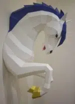 Papercraft licorne murale à crinière bleue en origami 3D