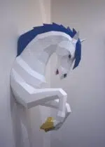 Papercraft licorne murale à crinière bleue en origami 3D