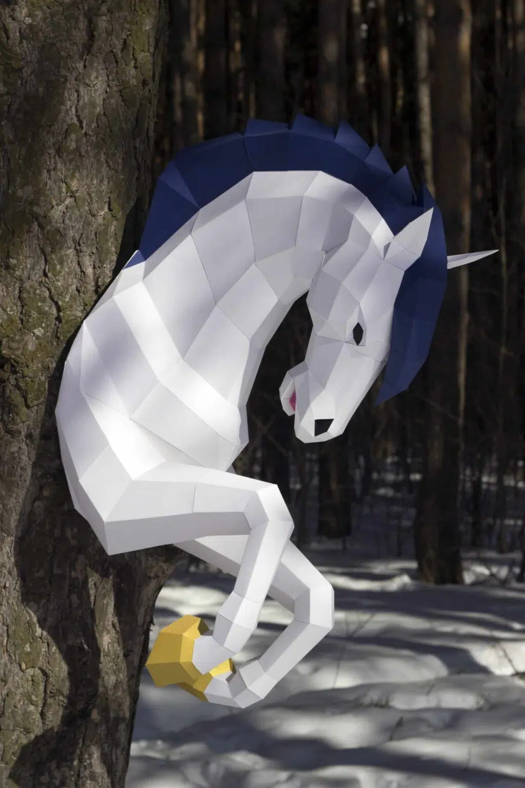 Papercraft licorne murale à crinière bleue en origami 3D