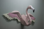 Papercraft flamingo wall with wings in 3D origami