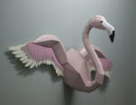 Papercraft flamingo wall with wings in 3D origami