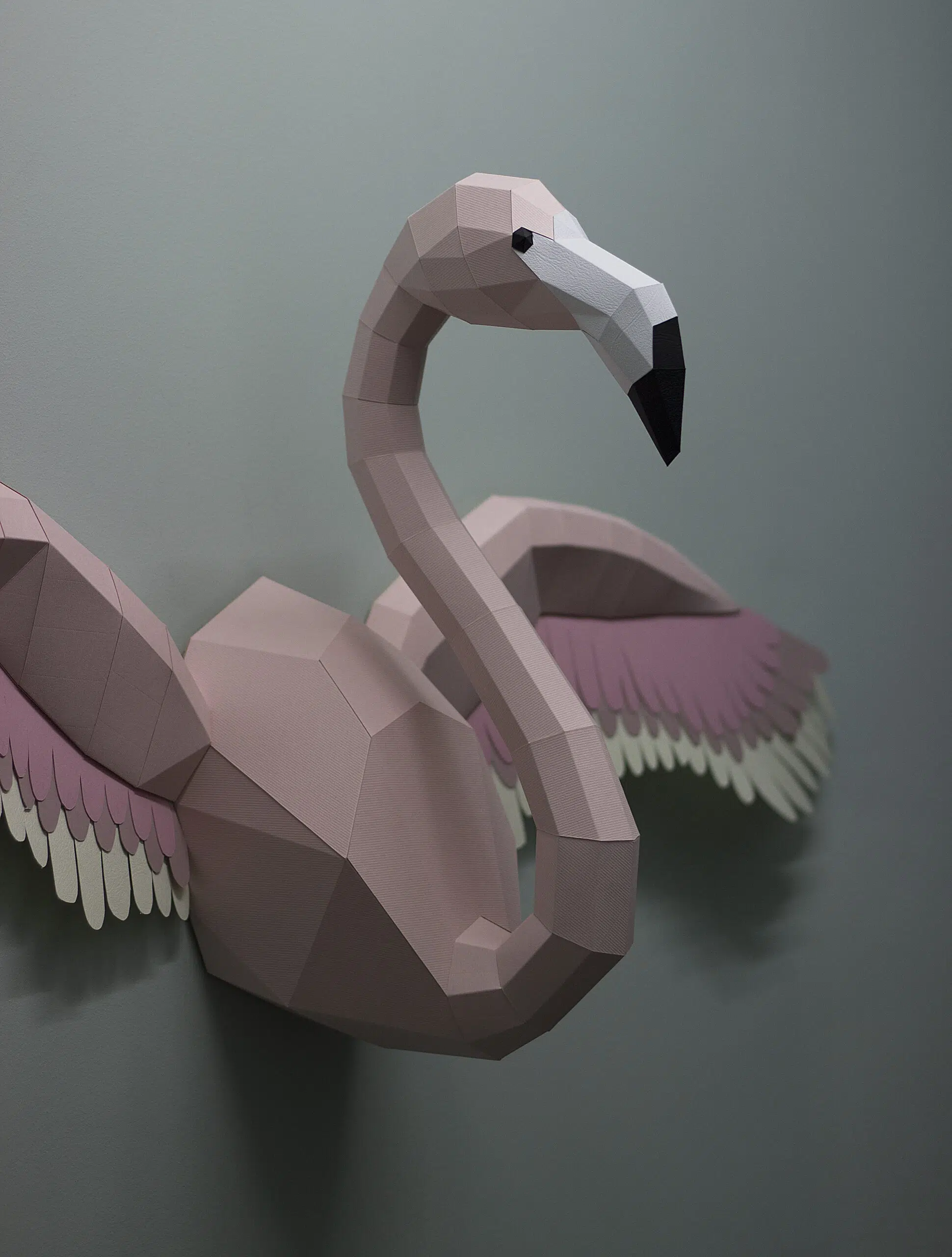Papercraft de flamenco rosa mural con alas en origami, modelo 3D