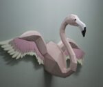 Papercraft flamingo wall with wings in 3D origami