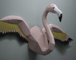 Papercraft flamingo wall with wings in 3D origami