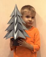 Papercraft Christmas tree in a pot in 3D origami