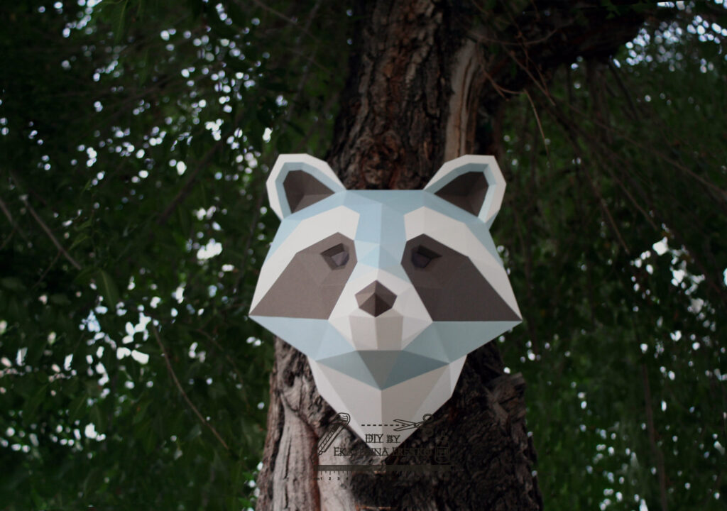 3D Paper Raccoon Head – Origami Wall Sculpture