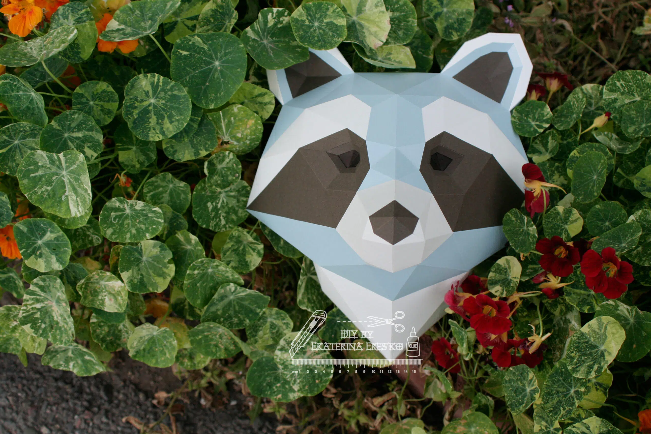 Papercraft de cabeça de guaxinim em origami 3D, modelo 3D