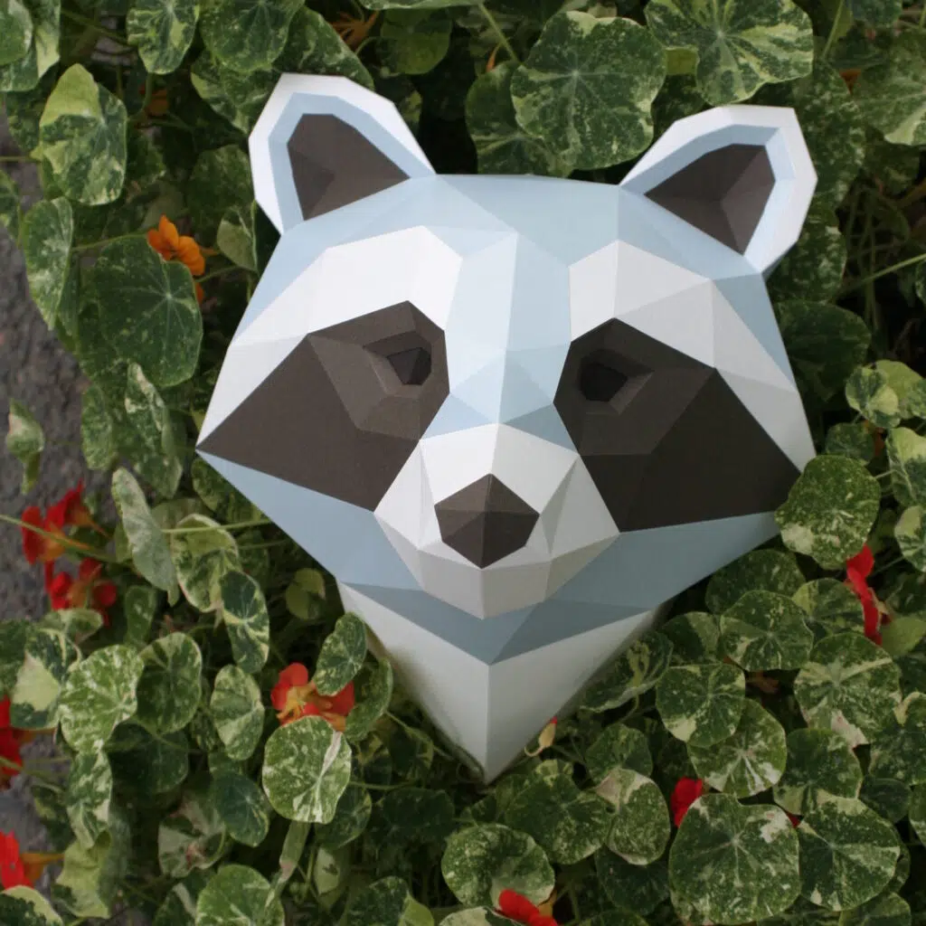 Papercraft raccoon head in 3D origami