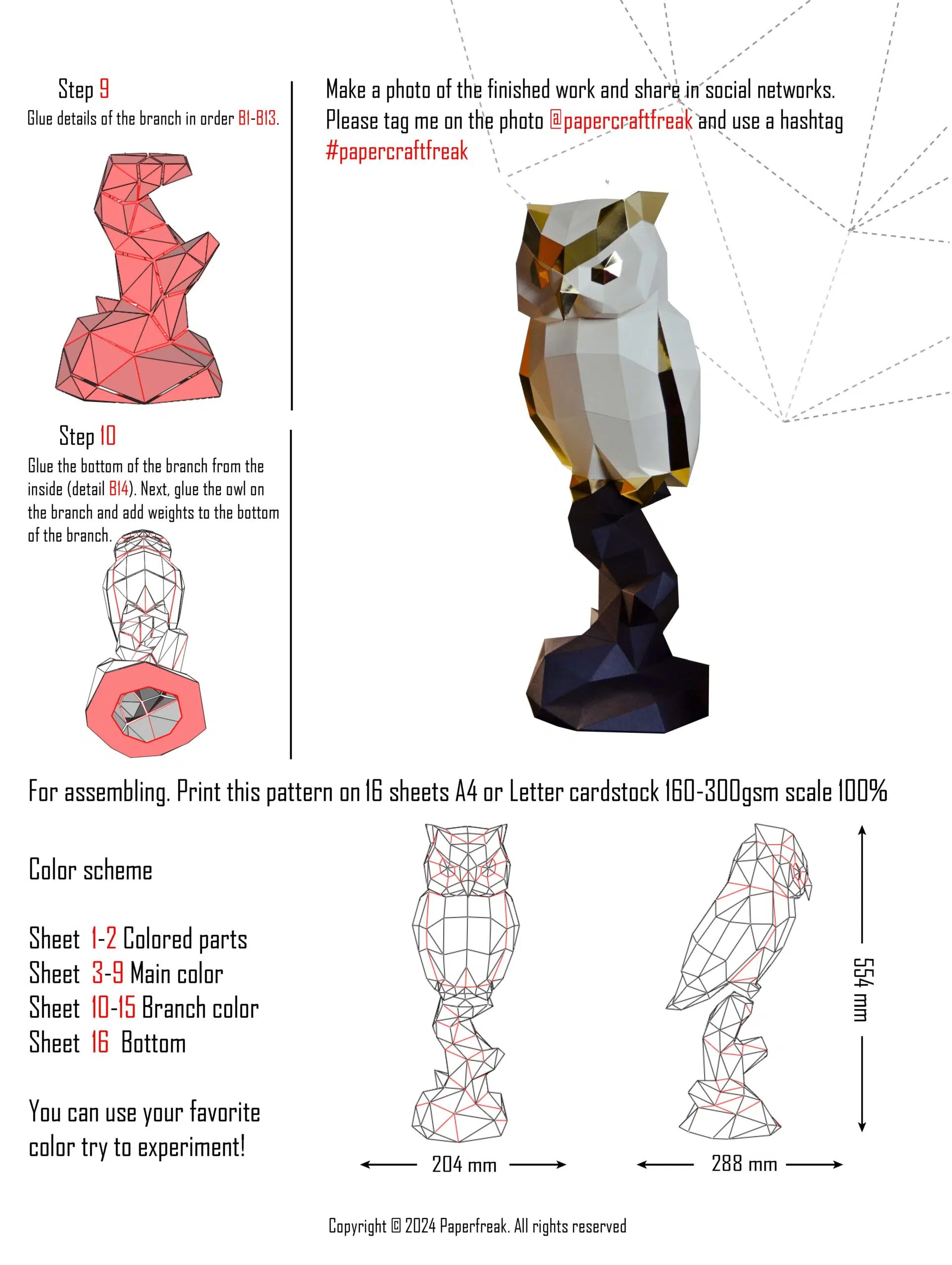 Papercraft di gufo in origami 3D, vista posteriore, vista 2