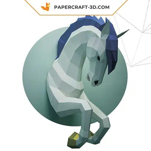 Papercraft licorne murale à crinière bleue en origami 3D