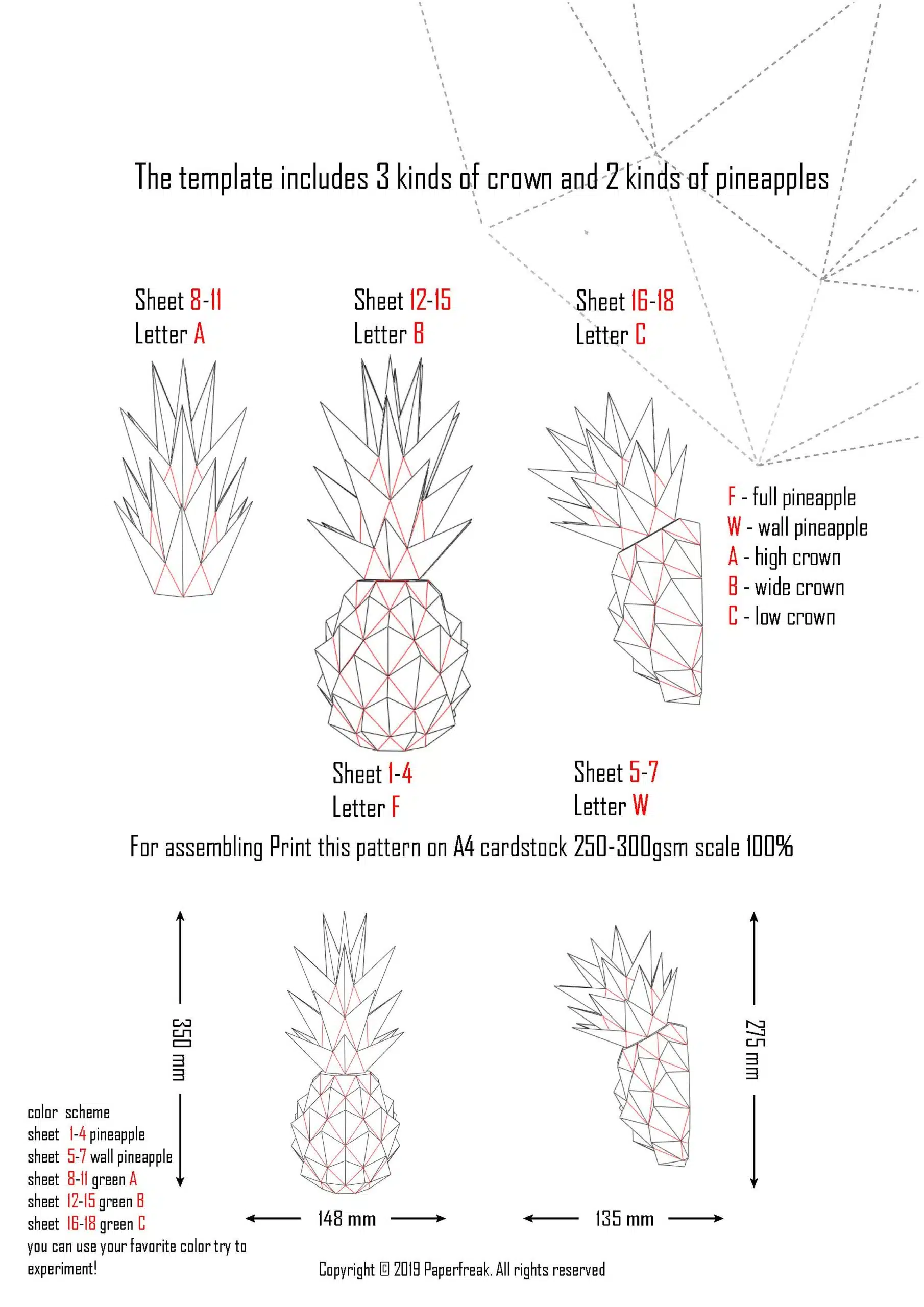 Papercraft gouden ananas in origami 3D, weergave 15
