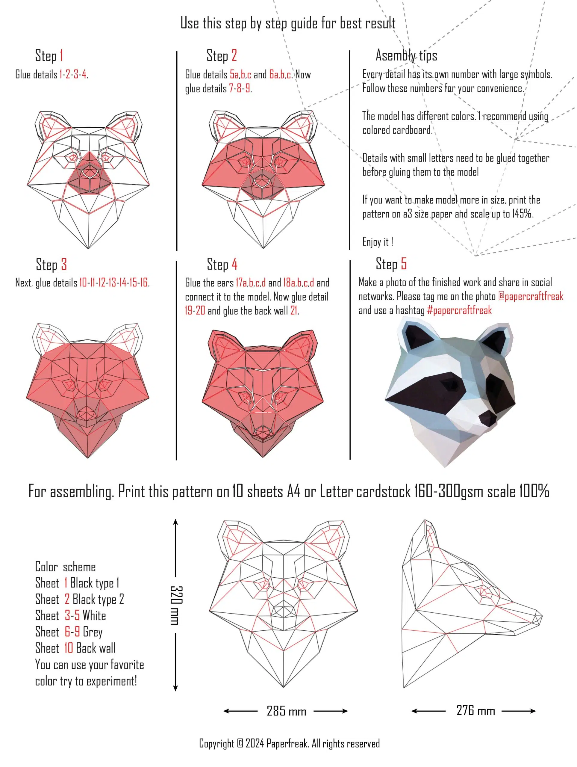 Papercraft de cabeça de guaxinim em origami 3D, vista 2