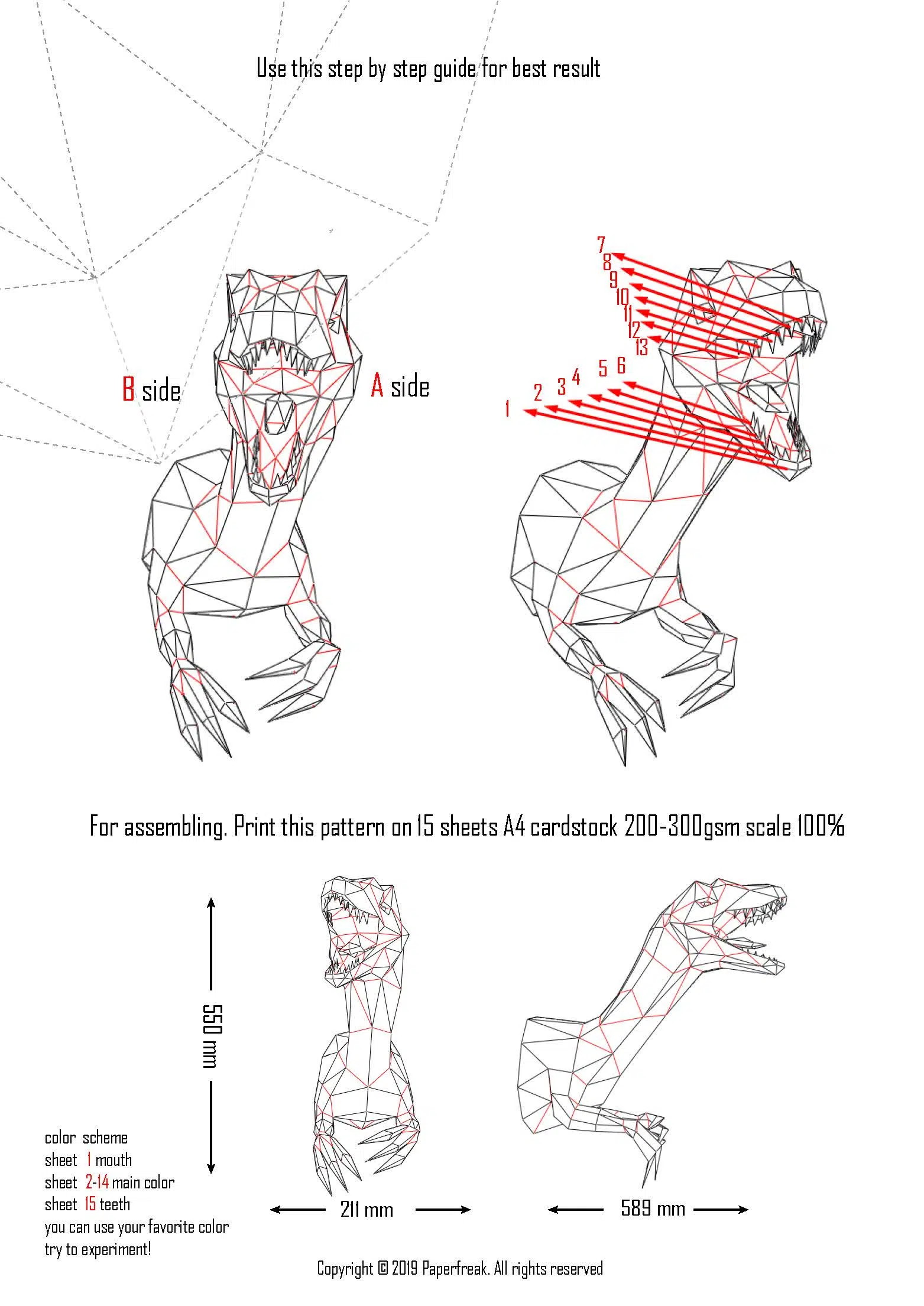Papercraft cabeza de raptor Jurassic Park en origami, montado