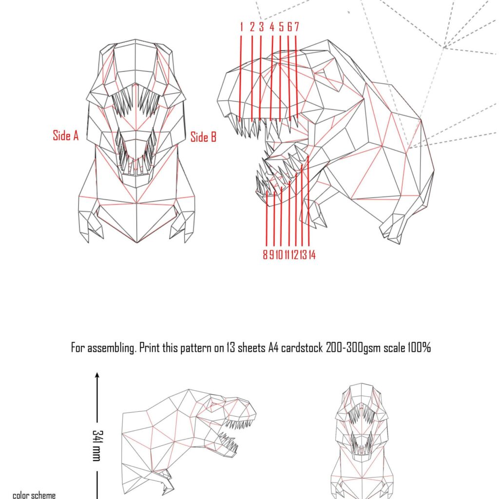 Papercraft T-Rex dinosaur head in 3D origami