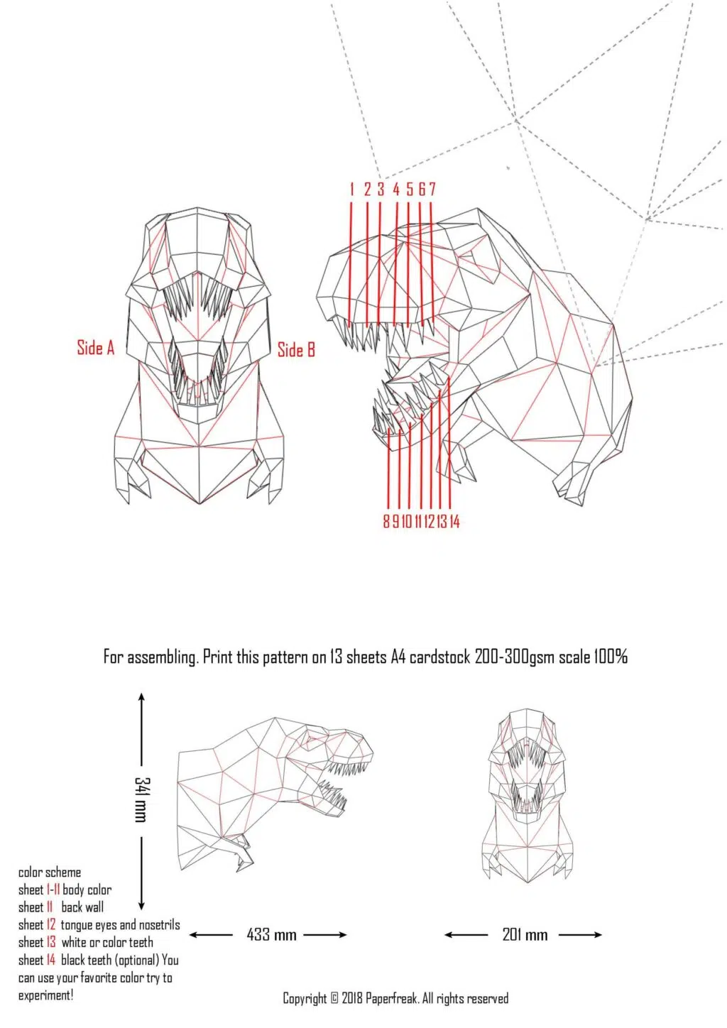 Papercraft cabeça de dinossauro T‑Rex Tyrannosaurus em origami 3D de papel