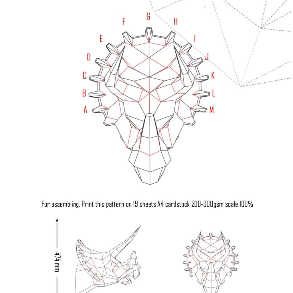 Papercraft dinosaur triceratops head wall in origami