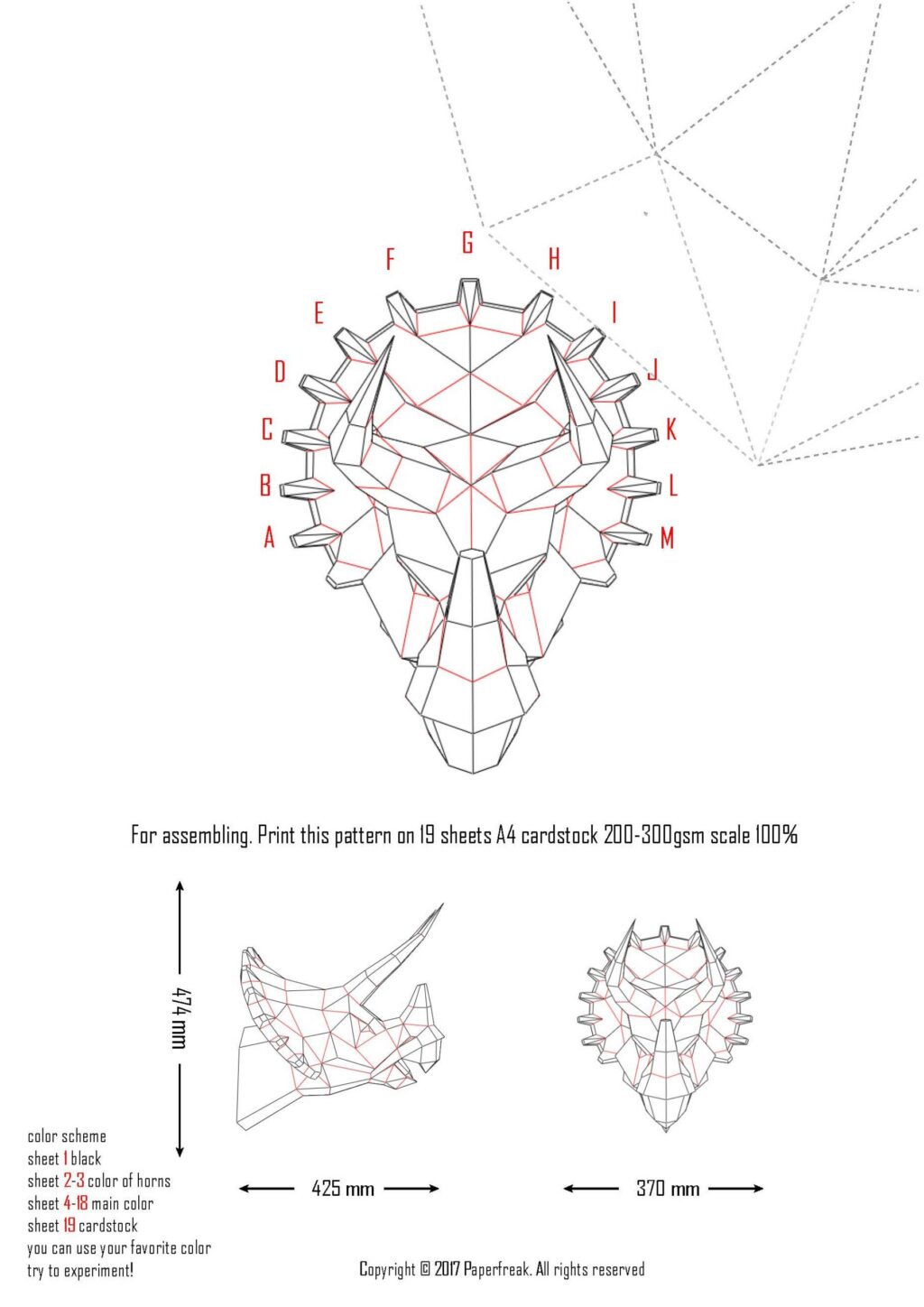 Papercraft de dinossauro cabeça de tricerapto mural em origami