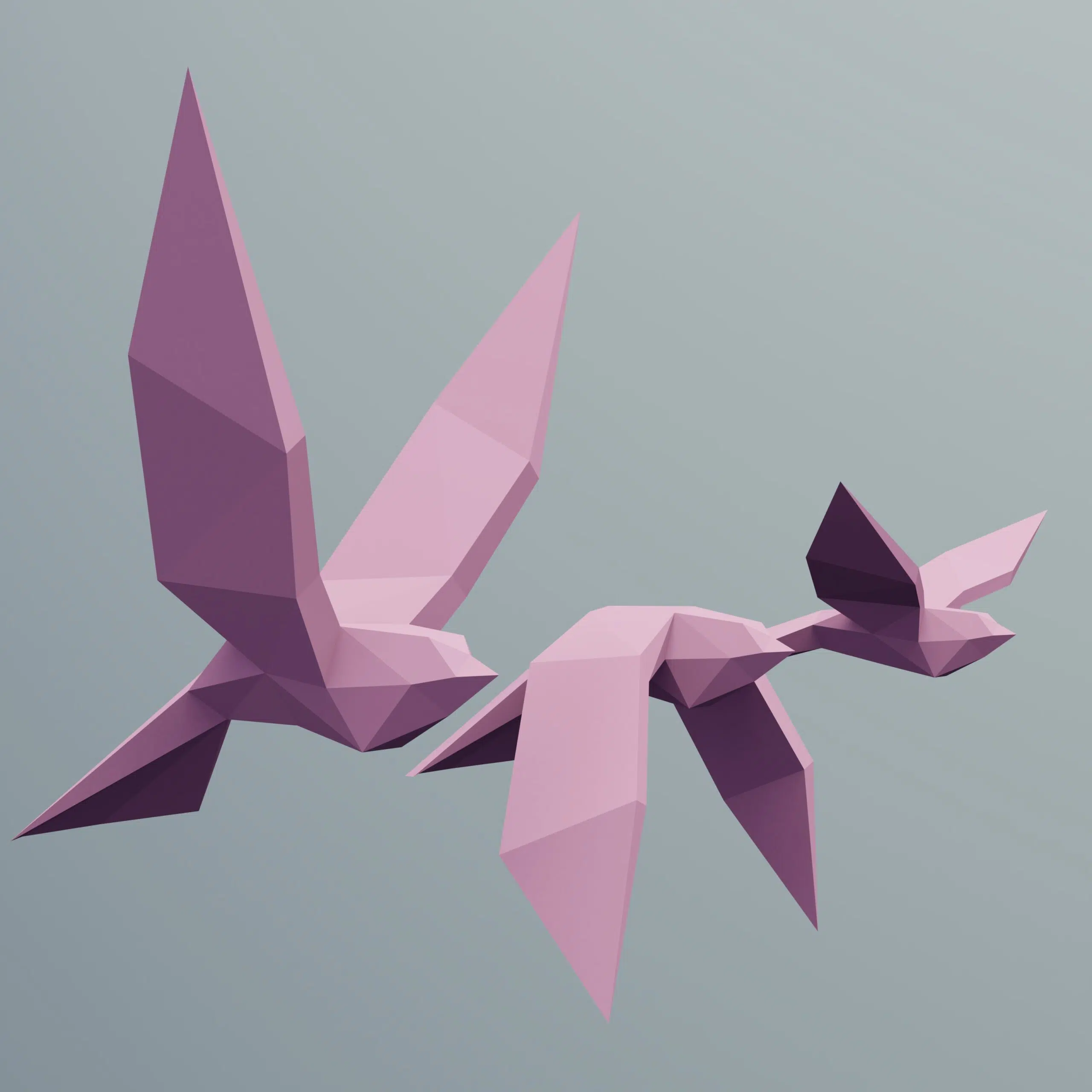 Papercraft de pássaros voando em origami 3D, vista traseira