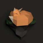 Papercraft fox on rock in 3D origami