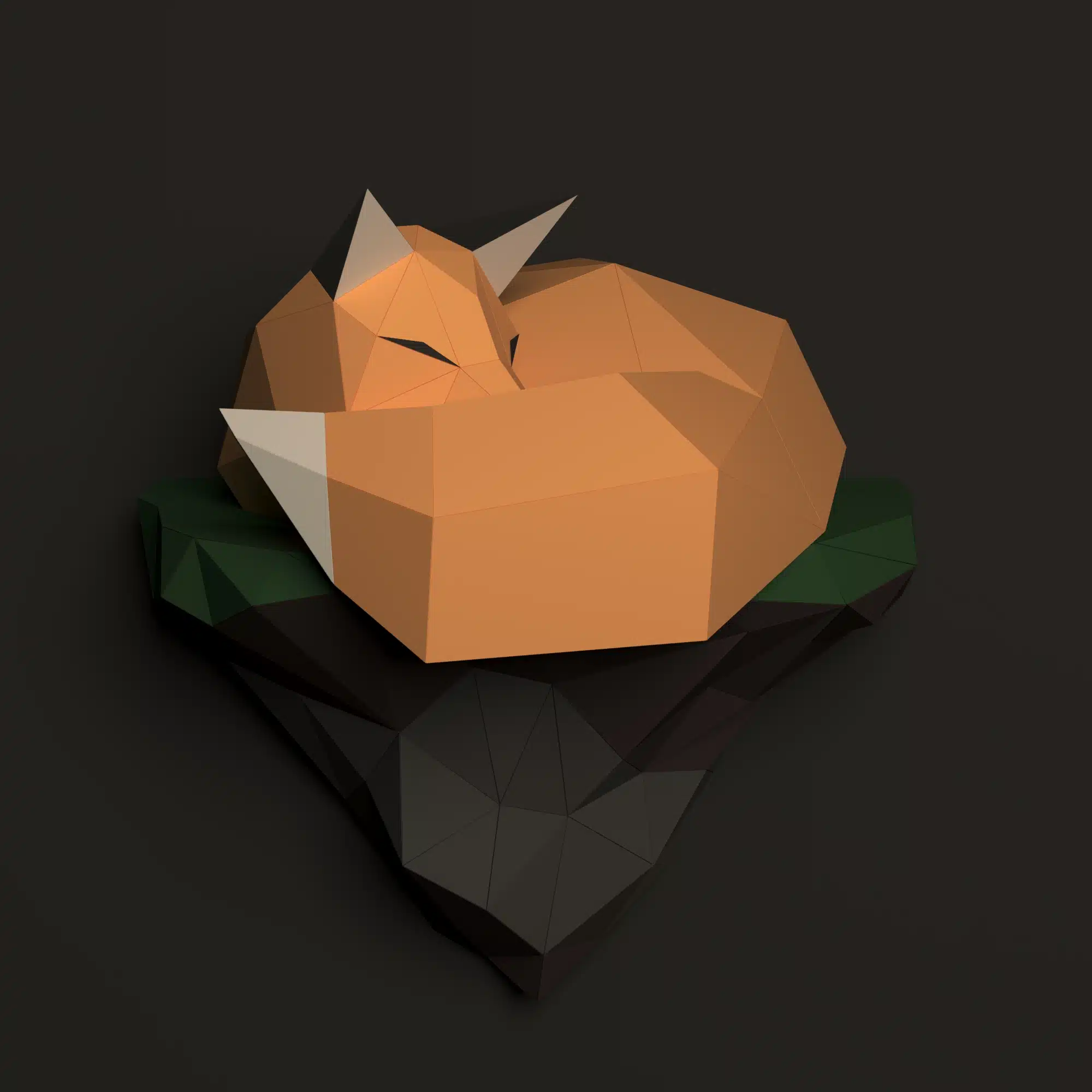 Papercraft de zorro sobre roca en origami 3D, vista posterior