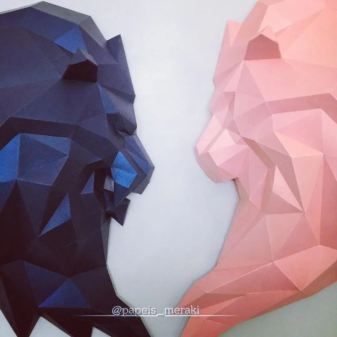 Origami 3D leeuwenkop in papier (zwart & groen), weergave 13
