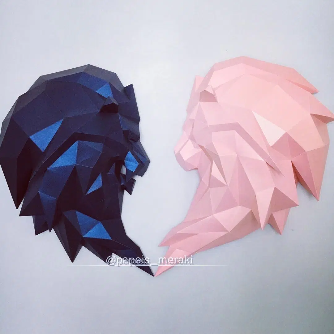 Origami 3D leeuwenkop in papier (zwart & groen), weergave 14