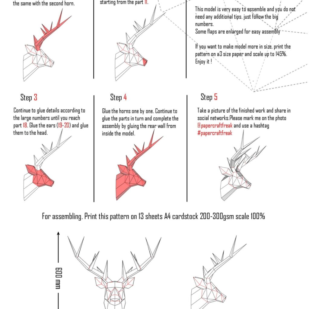Papercraft deer head in 3D origami