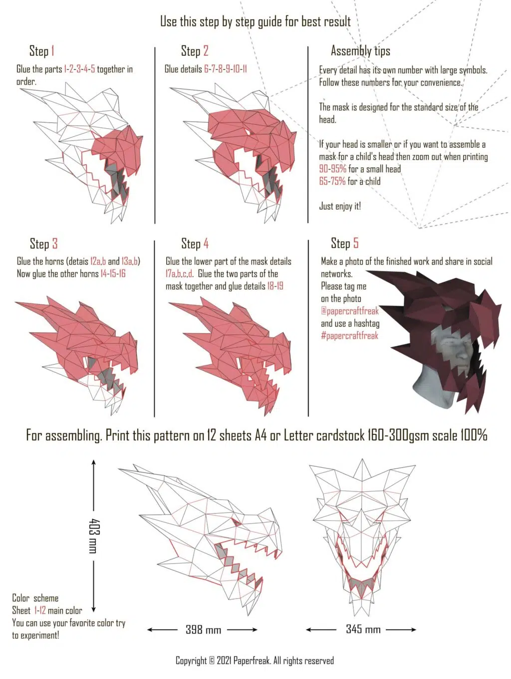Papercraft drakennasque in origami 3D, weergave 3