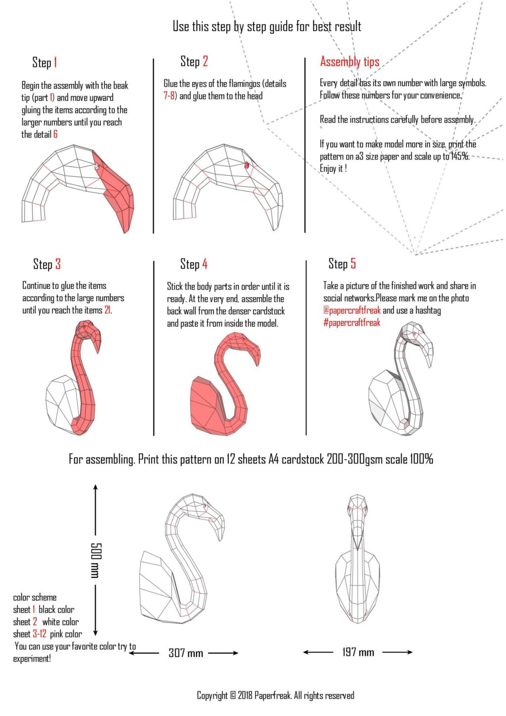 3D origami pink flamingo wall papercraft