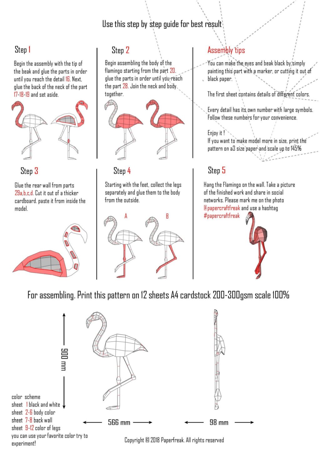 Papercraft de flamingo rosa em origami 3D