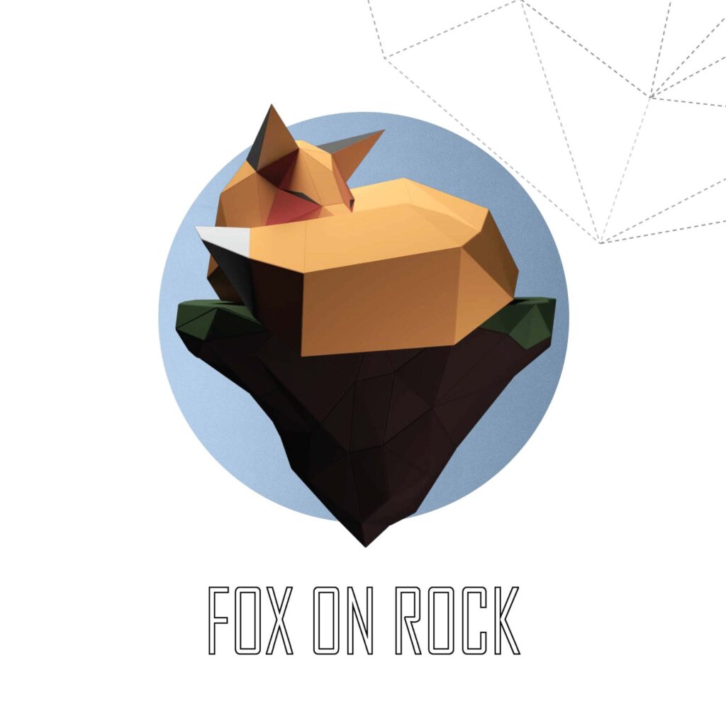 Papercraft fox on rock in 3D origami