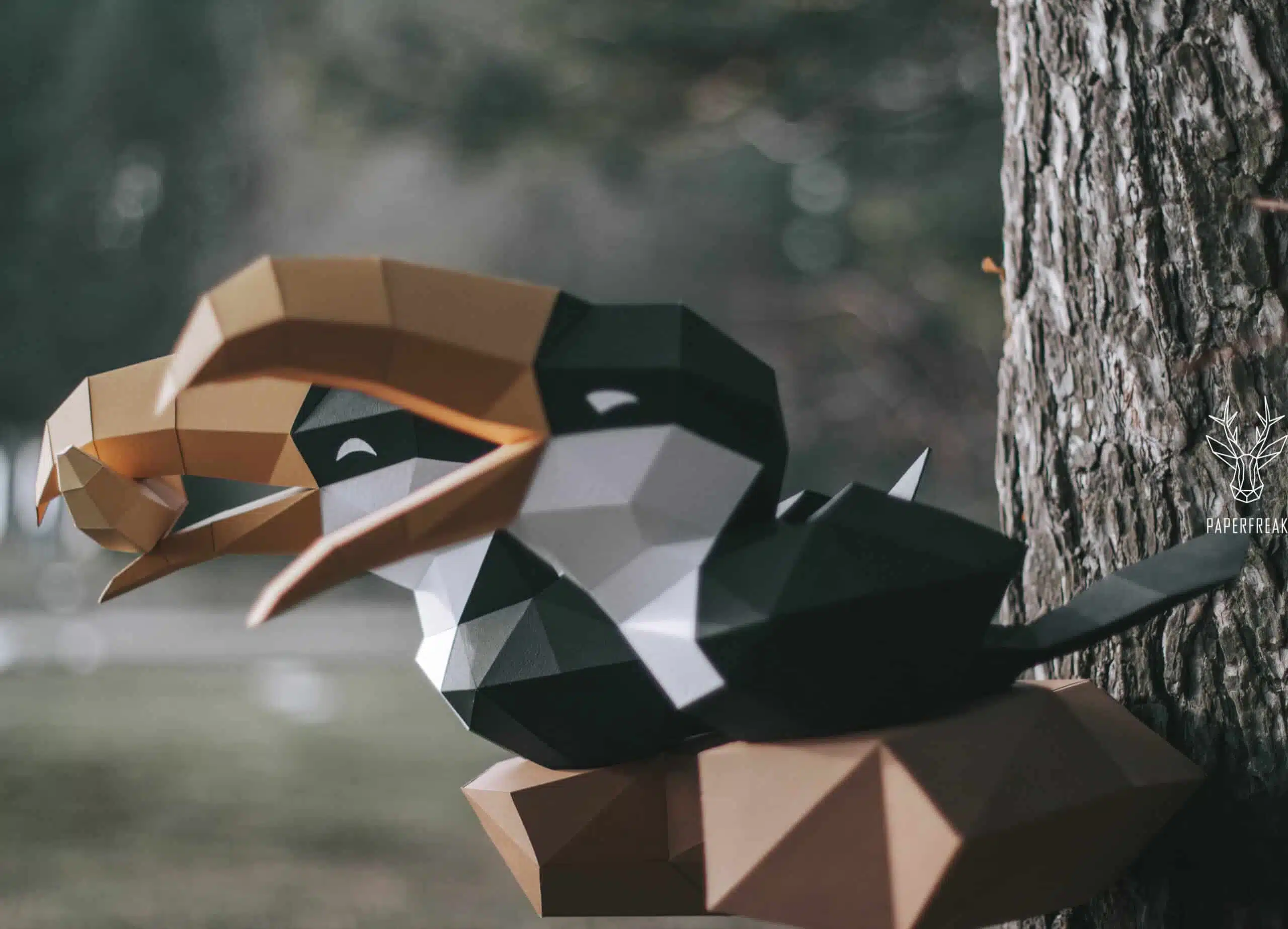 Papercraft von Tukanen auf Ast im 3D-Origami, Ansicht 2