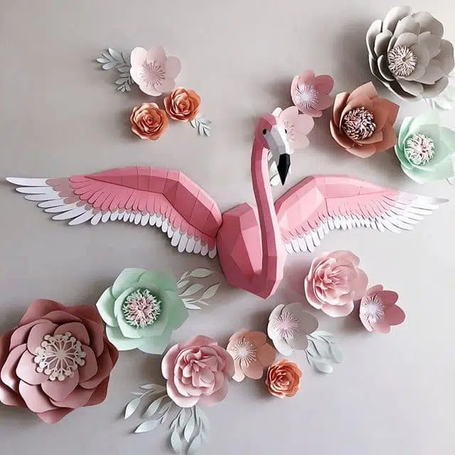 Kit de múltiples flamencos rosas en origami 3D, papercraft 3D, modelo 3D