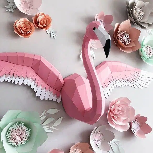 Kit de múltiples flamencos rosas en origami 3D, papercraft 3D, vista posterior