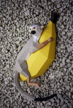 Papercraft de macaco na banana em origami 3D