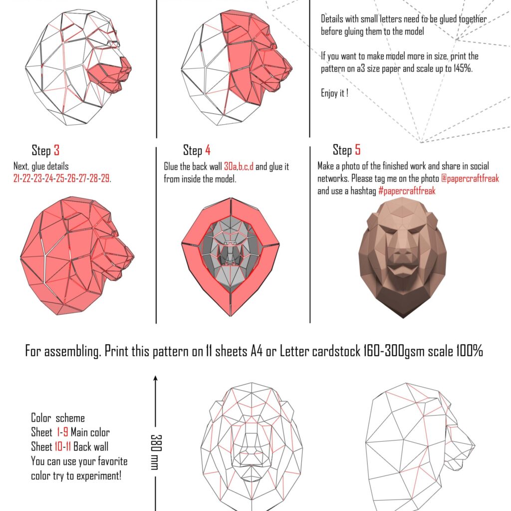 Papercraft lion head in origami