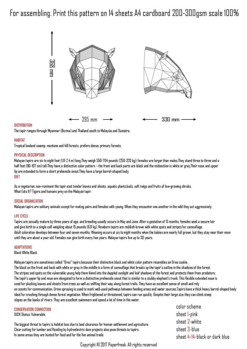 Papercraft Malayan tapir head in origami