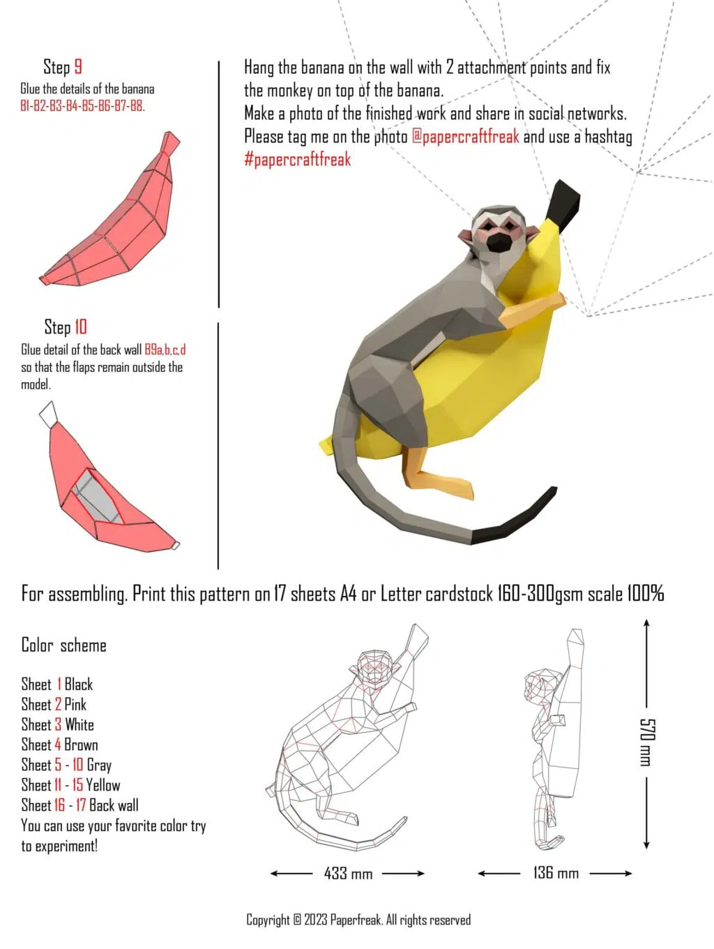 Papercraft mono sobre banana en origami