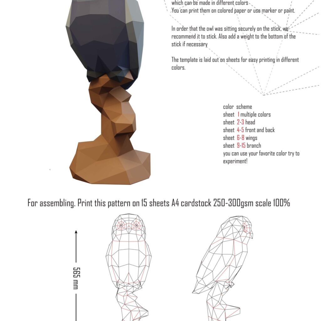Papercraft owl on branch in 3D origami
