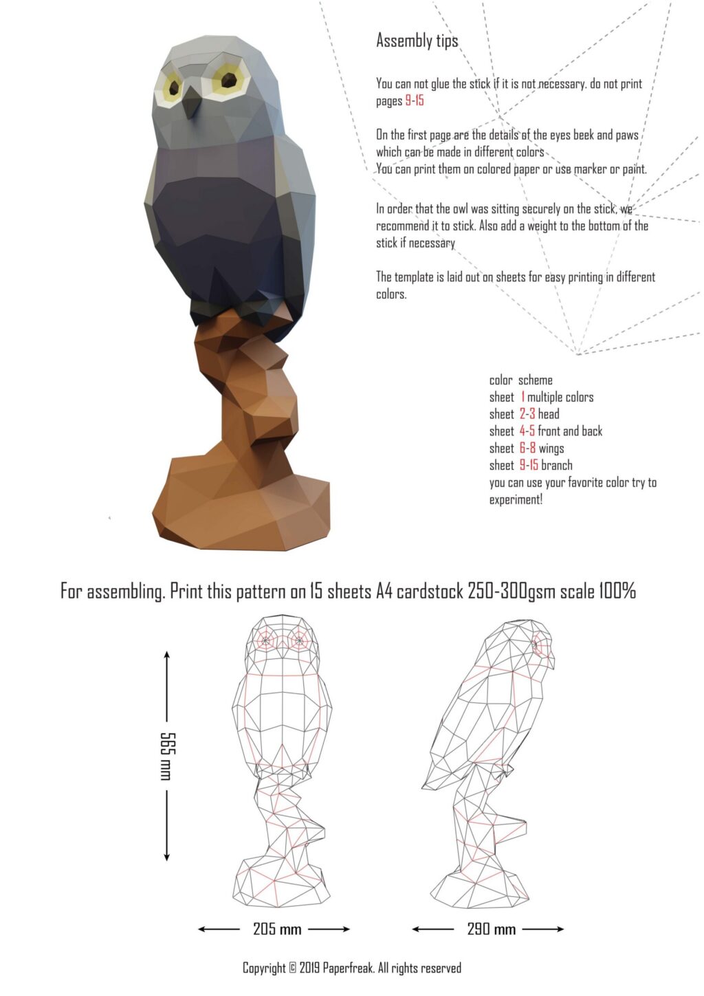 Papercraft de coruja no galho em origami 3D