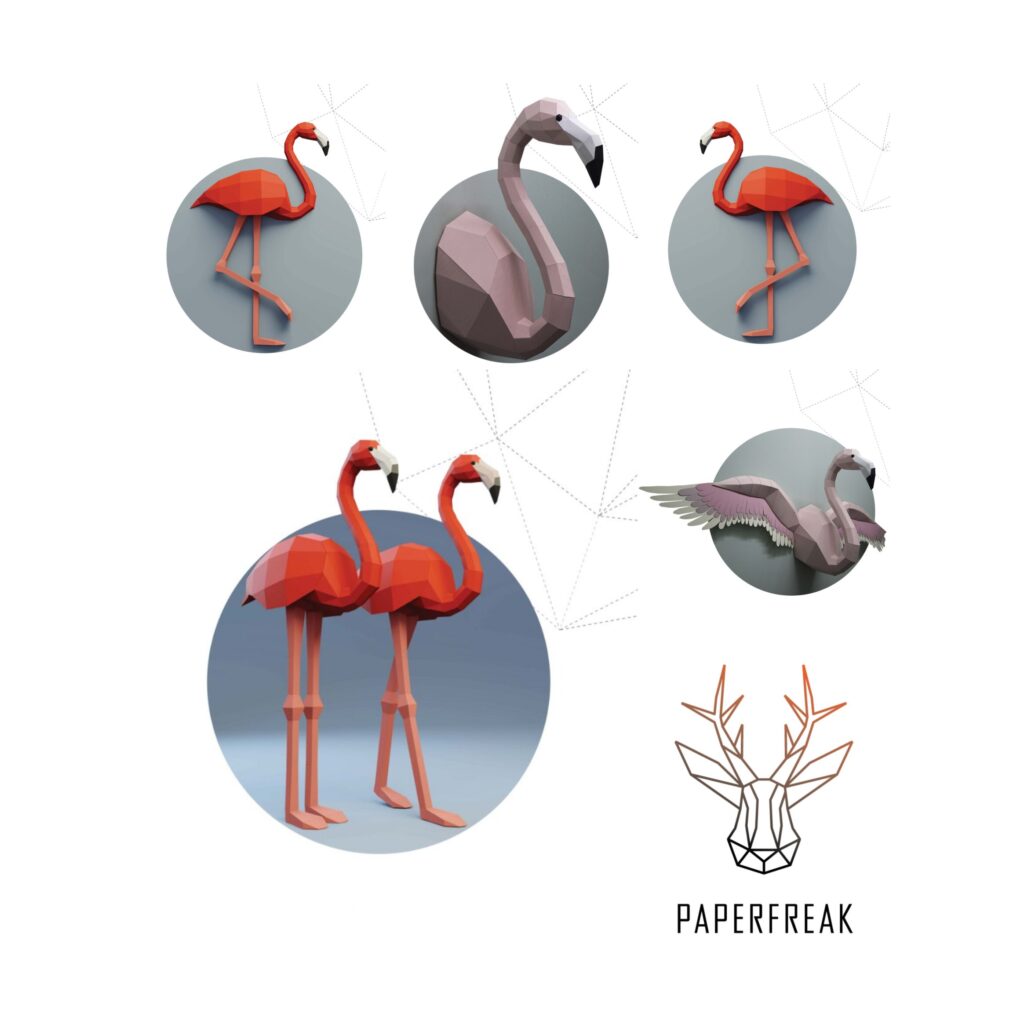 Papercraft mehrere Flamingos in 3D-Origami Papercraft mehrere Flamingos in 3D-Origami
